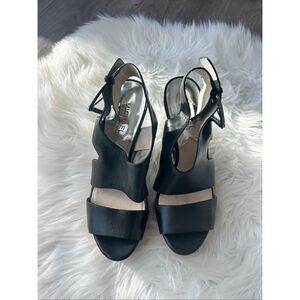 Michael Kors Josephine Wedge Heels Leather Shoes size 7.5 black and wood color
